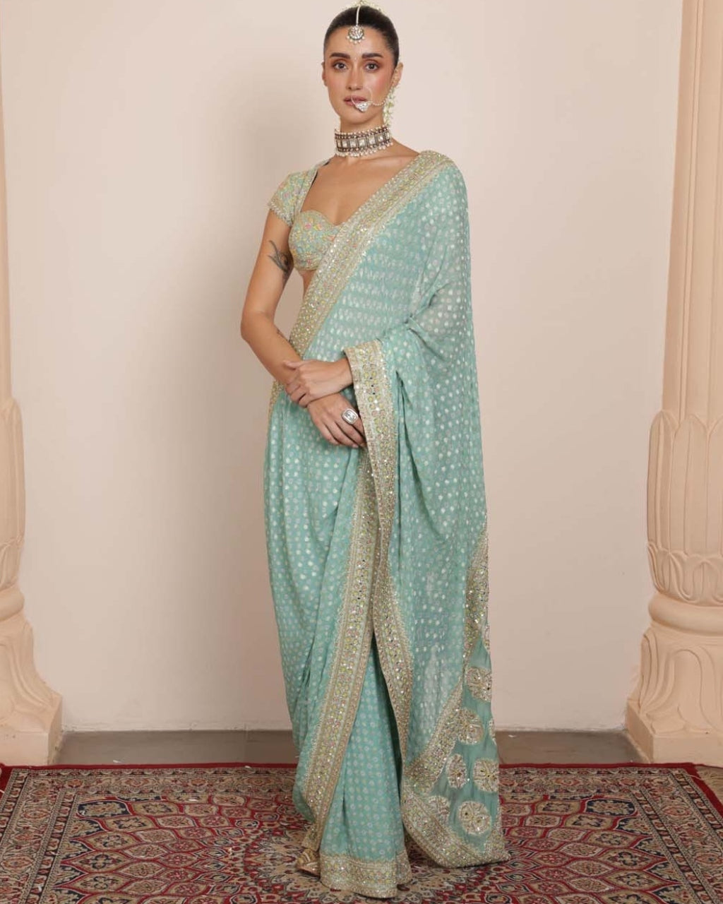 Ice Blue Bandhani Sari Set