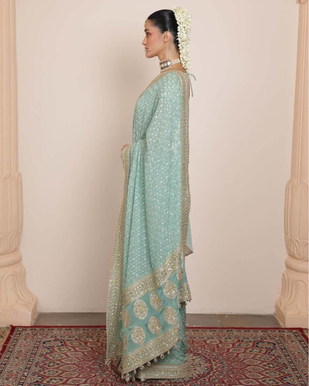 Ice Blue Bandhani Sari Set