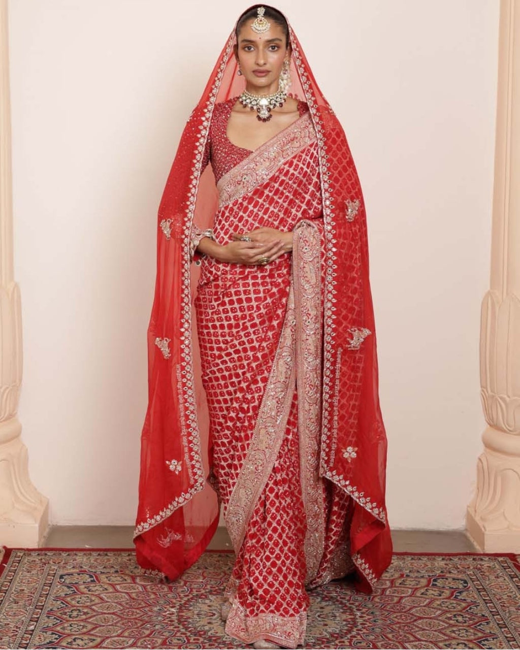 Red Bandhani Sari Set