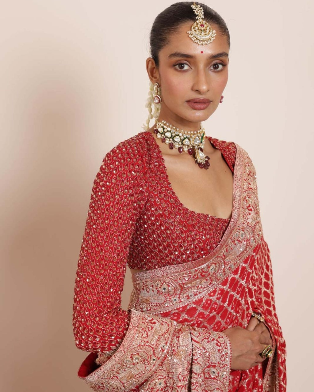 Red Bandhani Sari Set