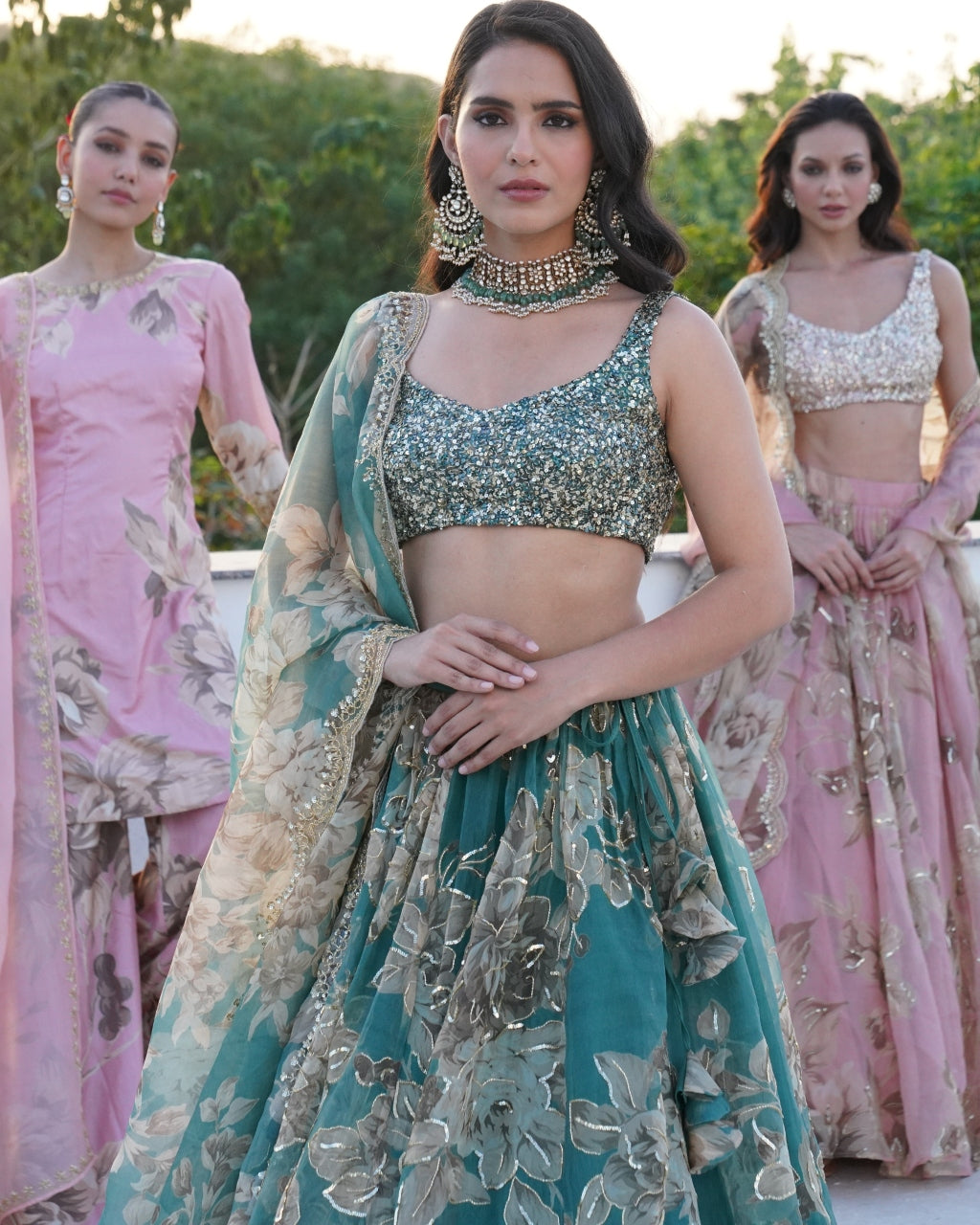 Grey Organza Floral Lehenga Set