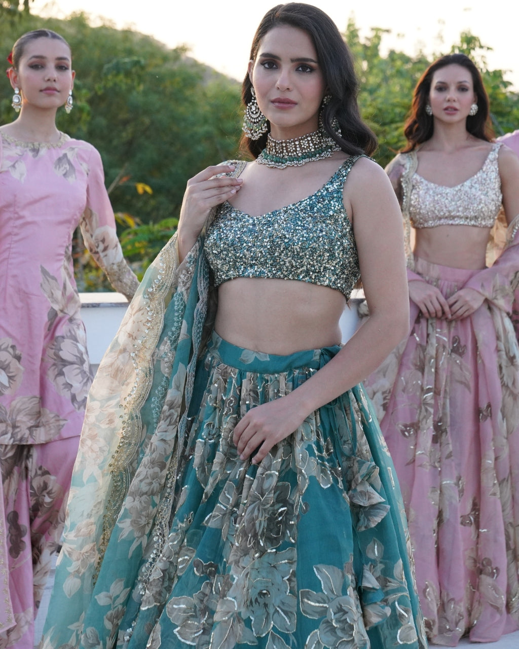 Grey Organza Floral Lehenga Set