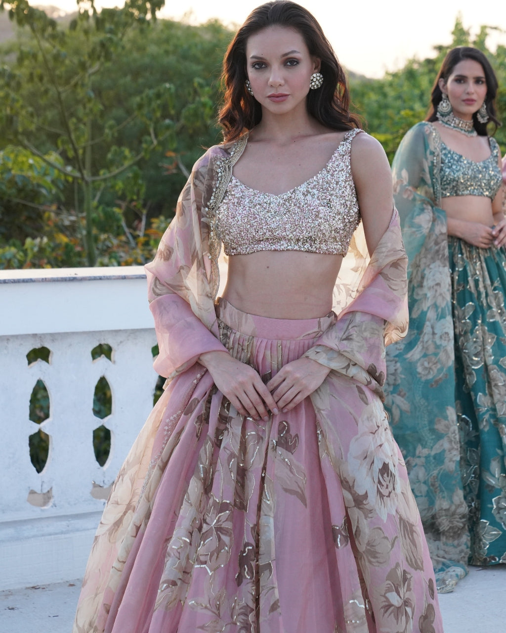 Pink Organza Floral Lehenga Set