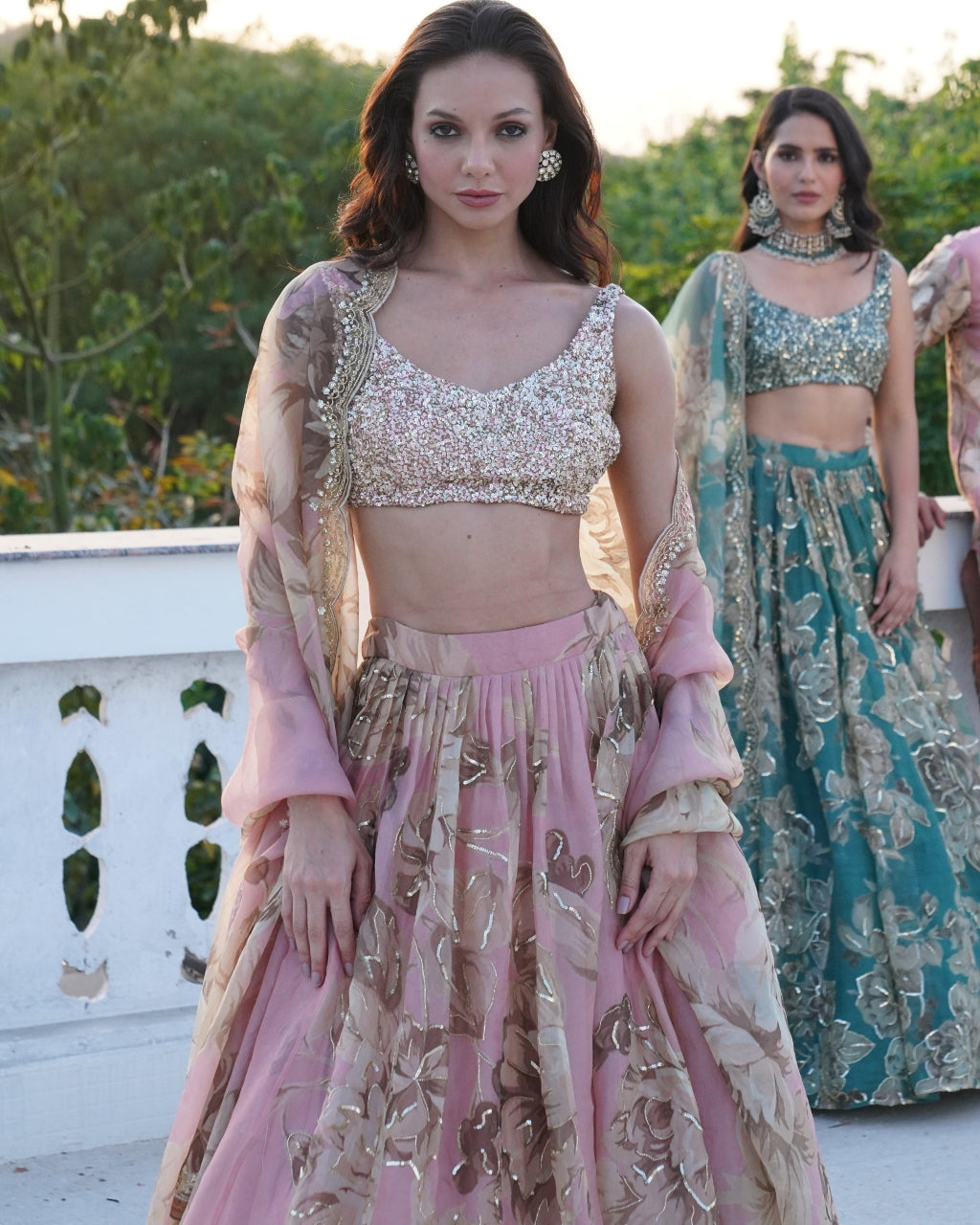 Pink Organza Floral Lehenga Set