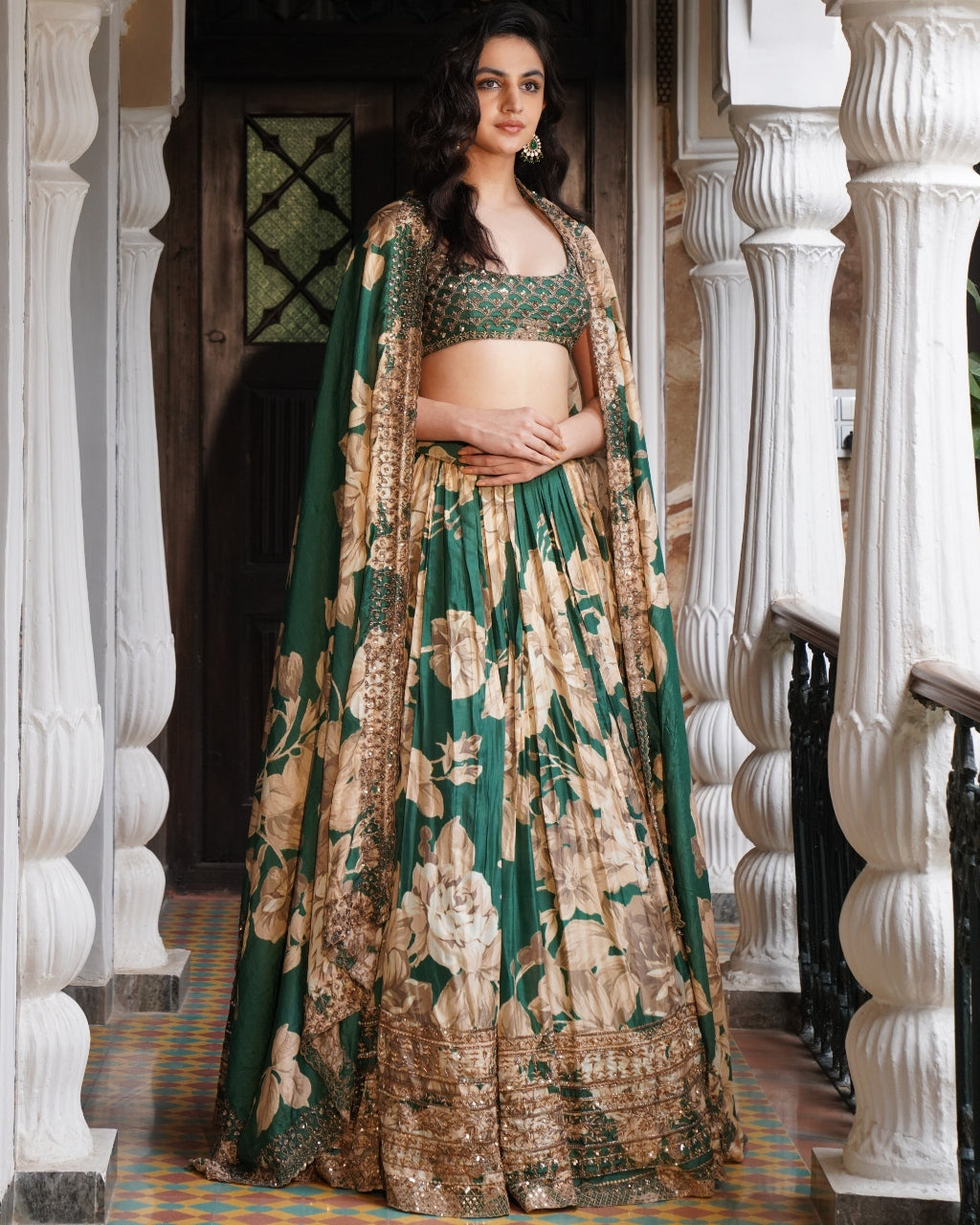 Bottle Green Floral Lehenga Set