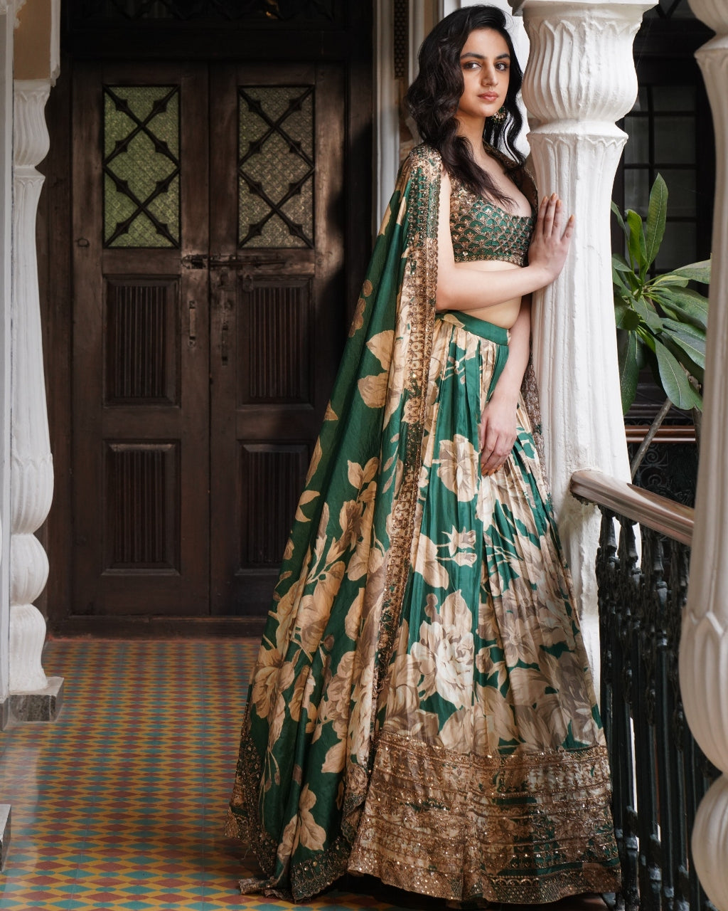 Bottle Green Floral Lehenga Set