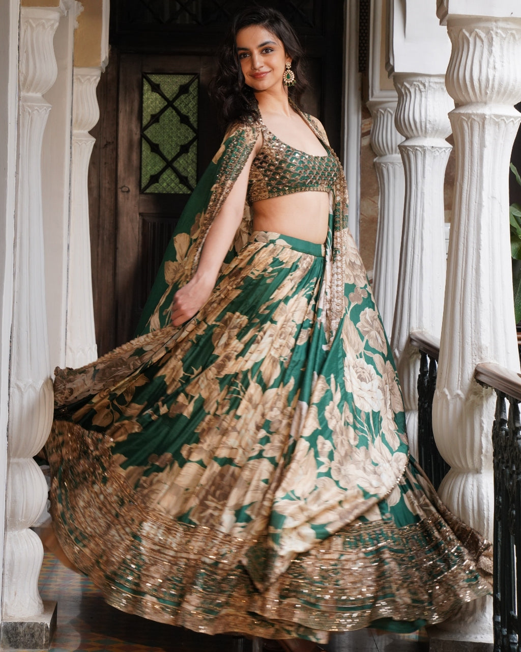 Bottle Green Floral Lehenga Set