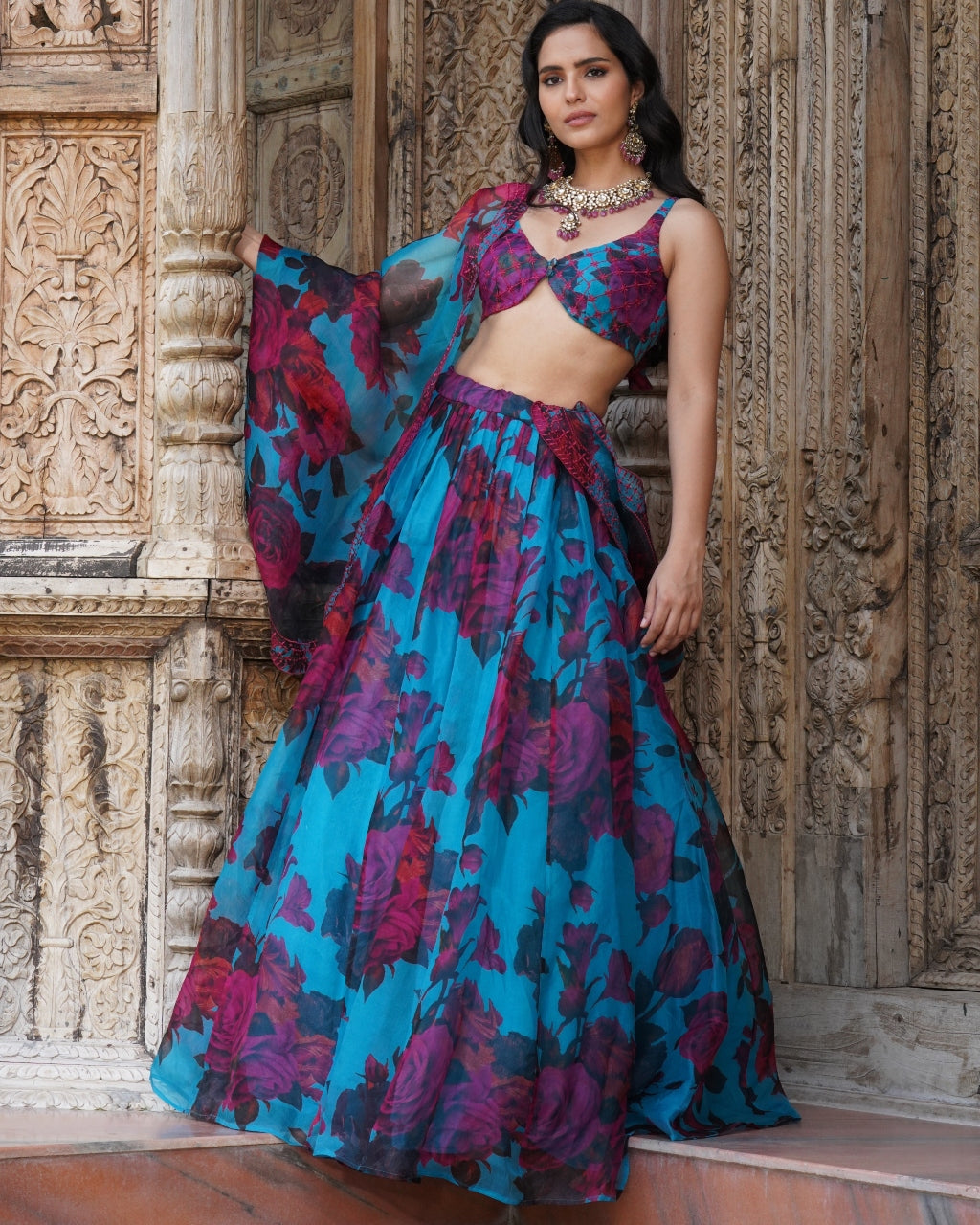 Turquoise Floral Lehenga Set