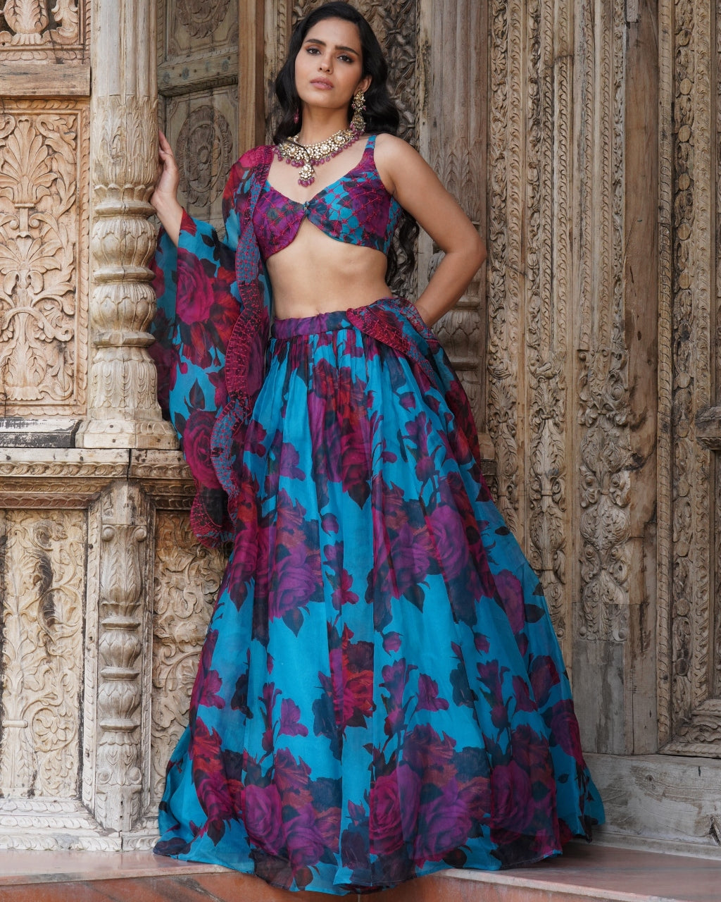 Turquoise Floral Lehenga Set