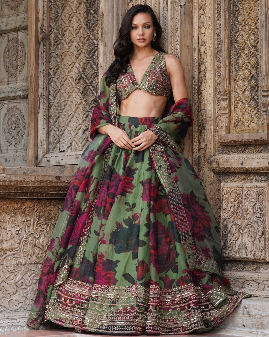 Mehndi Green Floral Lehenga Set