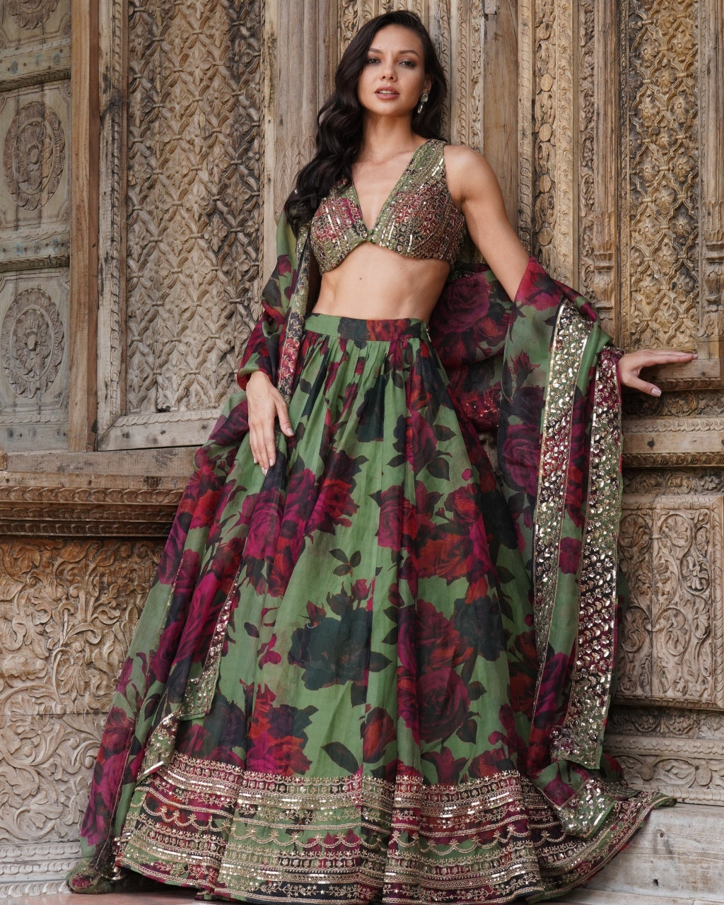 Mehndi Green Floral Lehenga Set