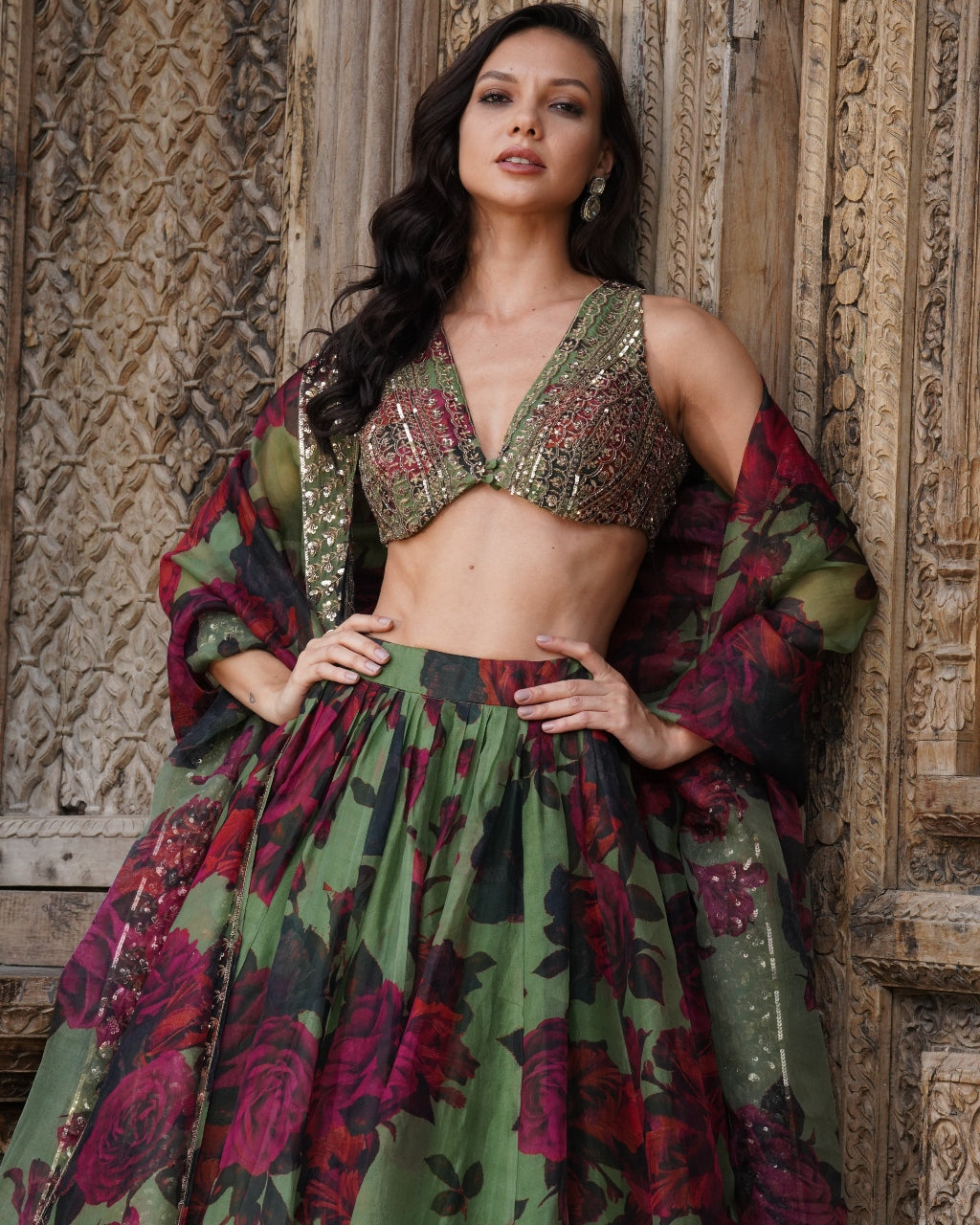 Mehndi Green Floral Lehenga Set