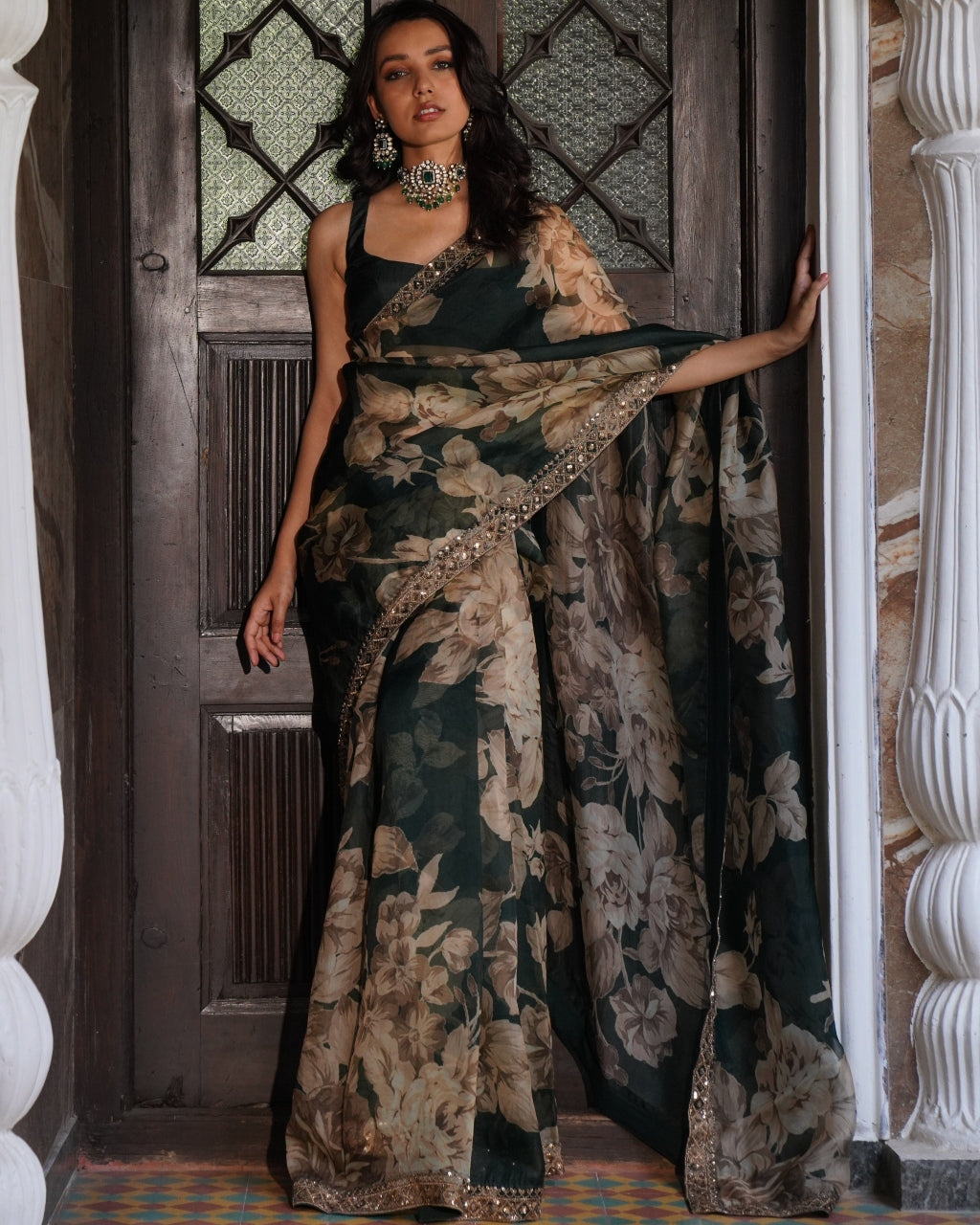 Bottle Green Floral Sari Set