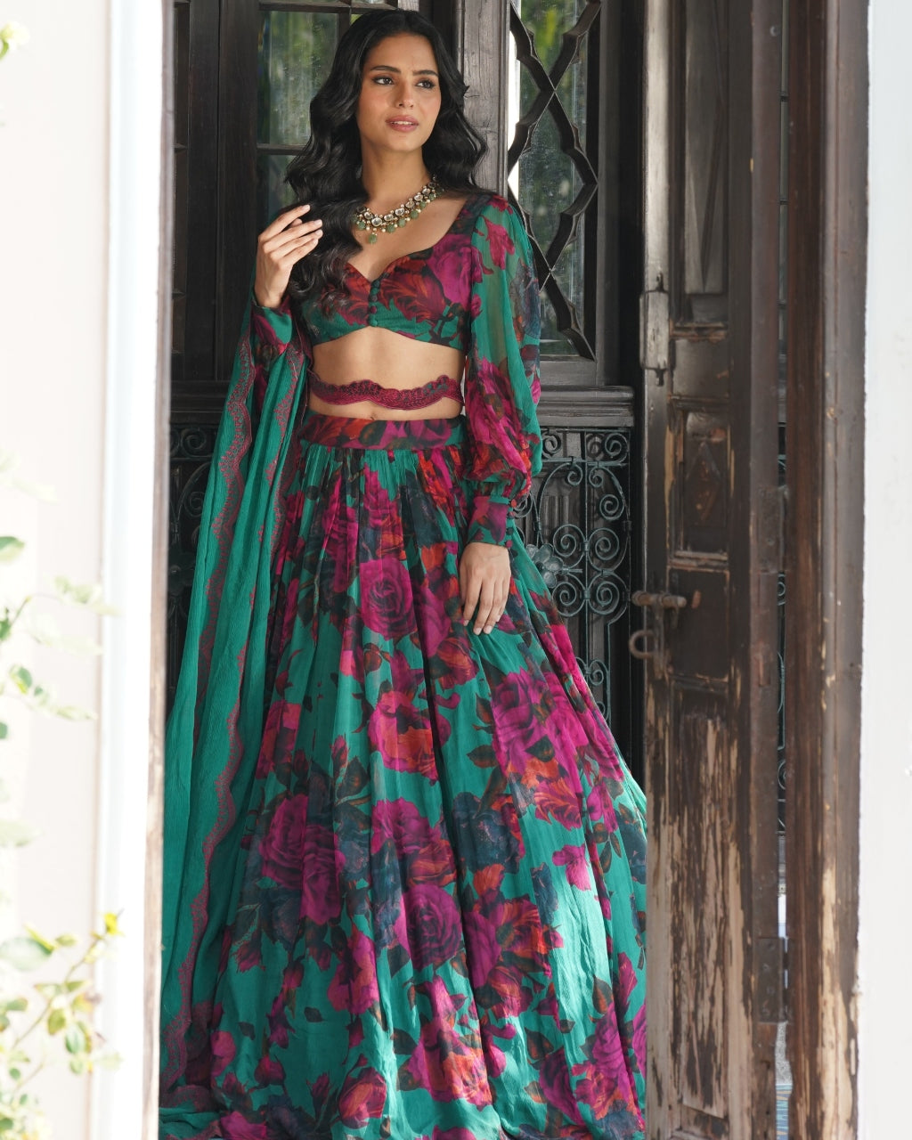 Teal Green Chiffon Floral Lehenga Set