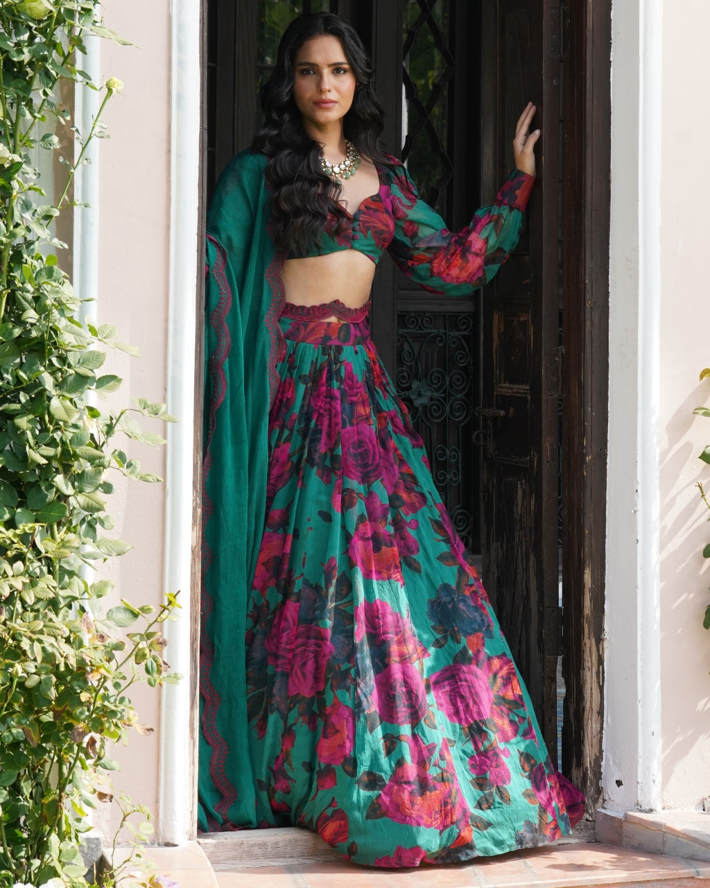 Teal Green Chiffon Floral Lehenga Set