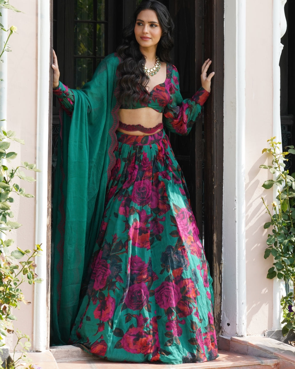 Teal Green Chiffon Floral Lehenga Set