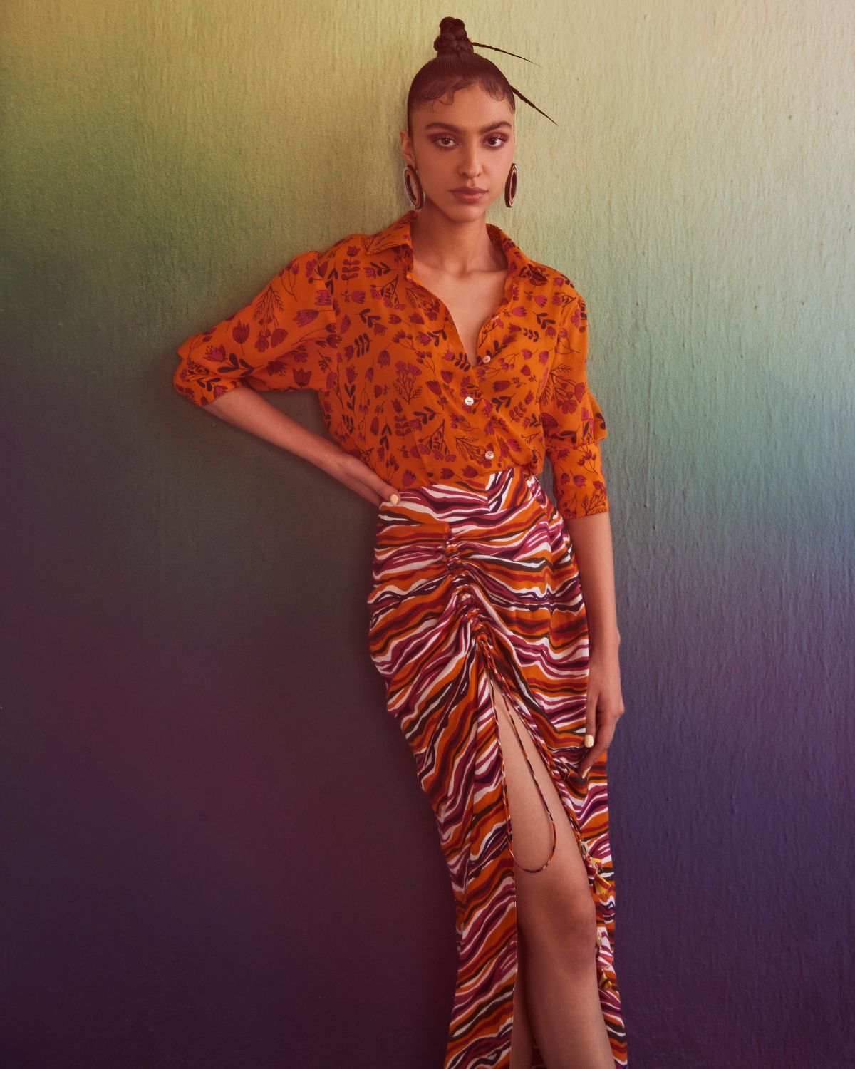 Tangerine Floral Butta Print Shirt With Ruched Skirt