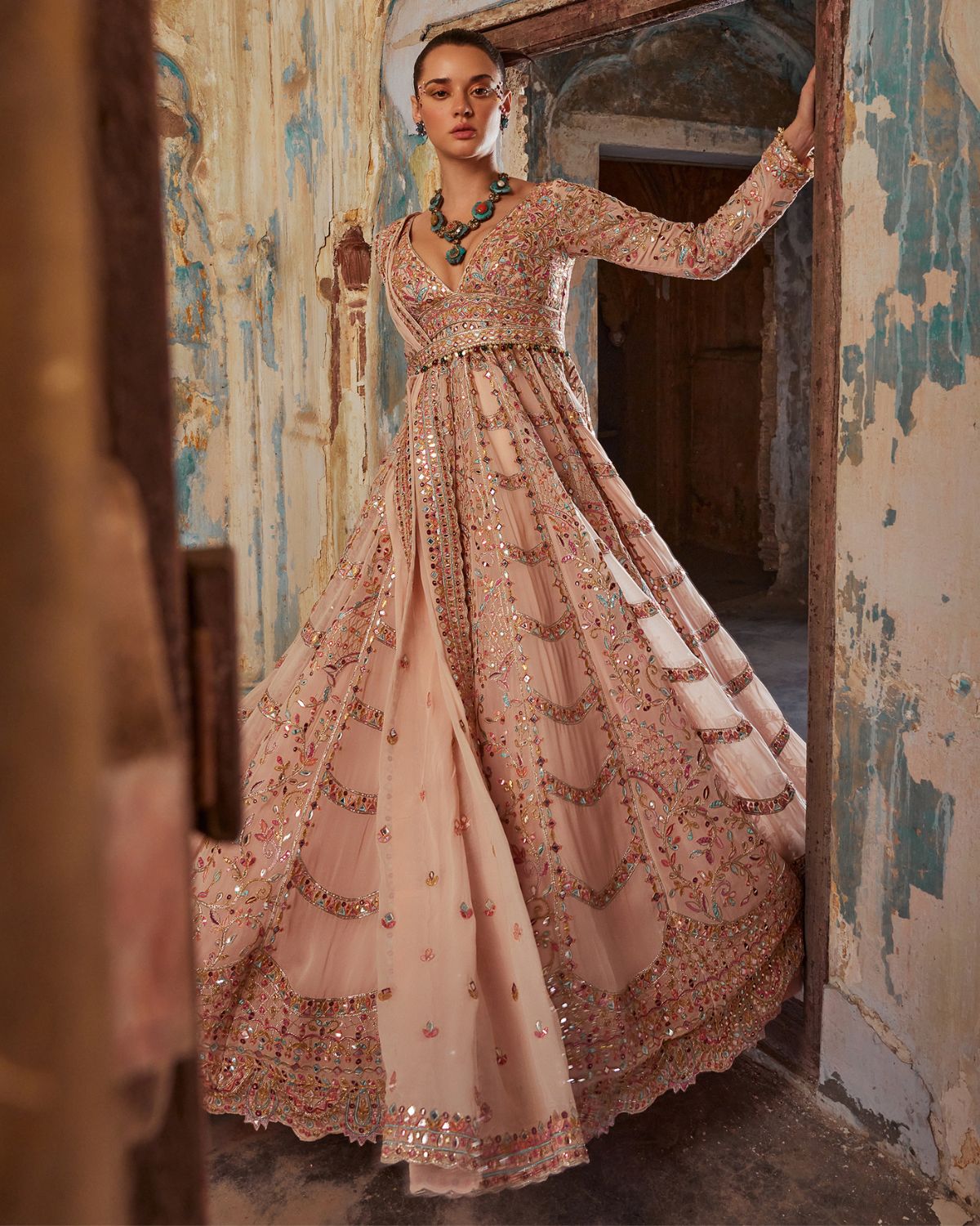 Buy 44/L Size Anarkali Gown Peach Indian Dresses Online for Women in USA