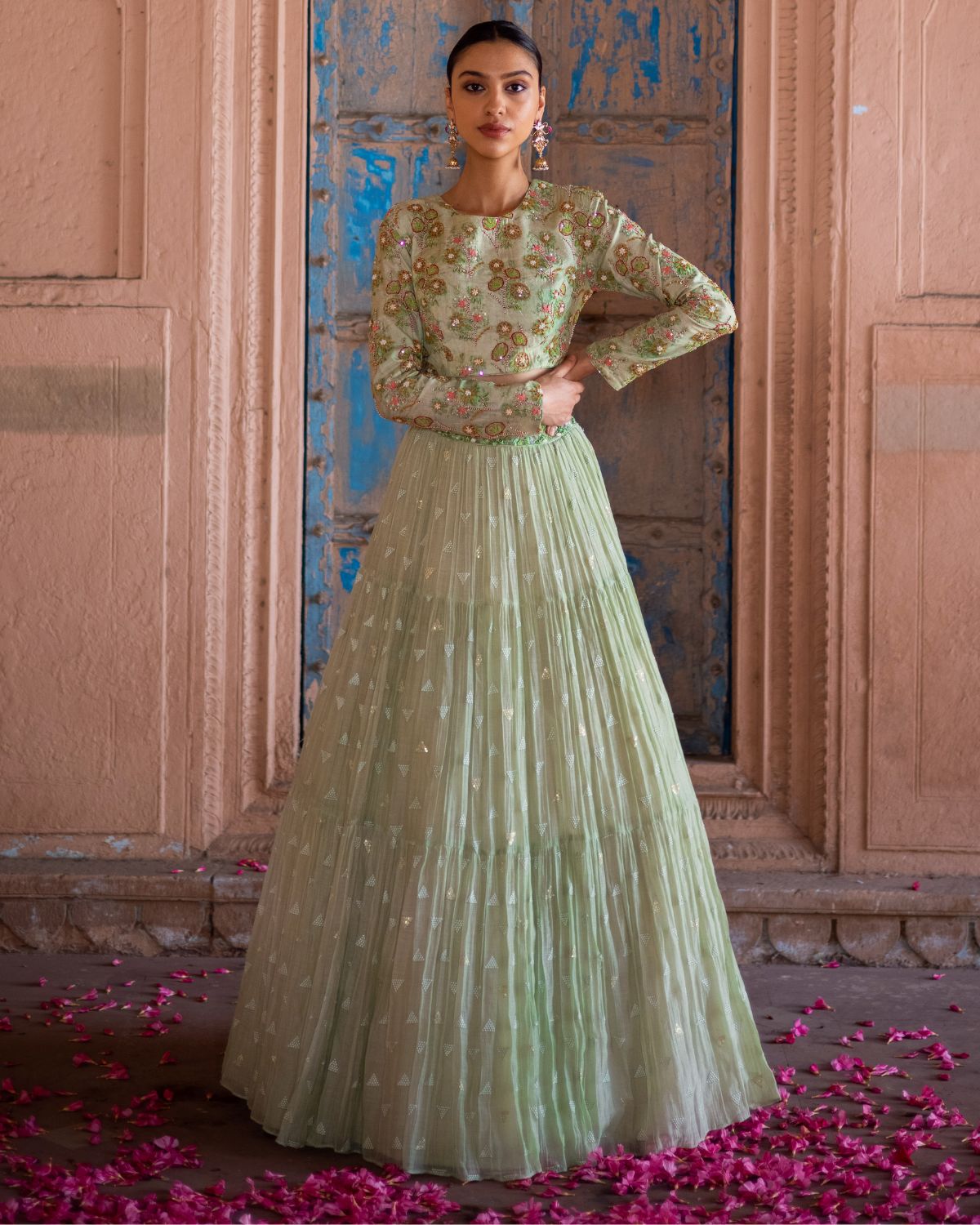 Green Chanderi Lehenga Set by Label Anushree