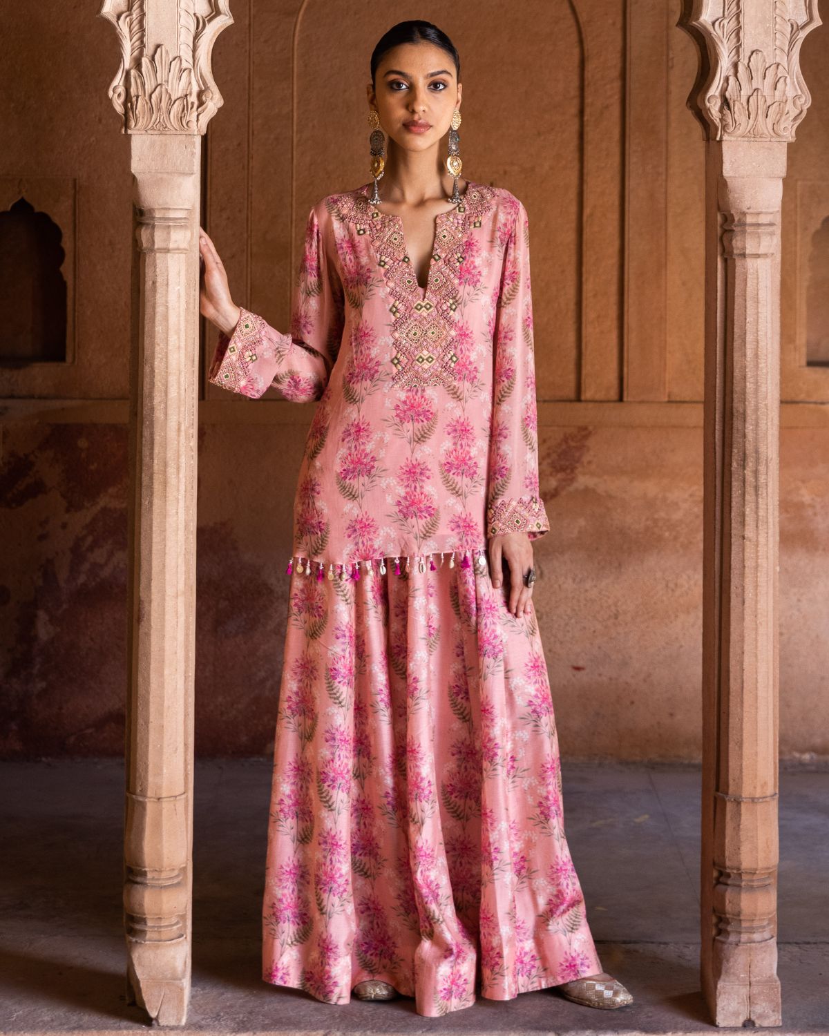 Pink Embroidered Short Top With Pants by Label Anushree