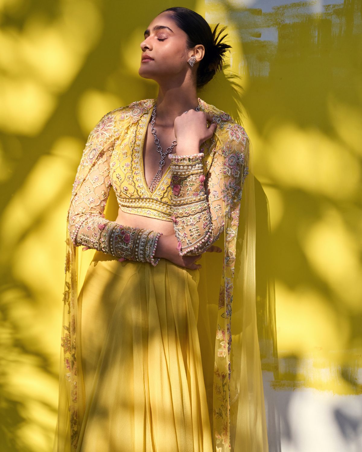 Yellow Chiffon Pre Draped Sari Set | Ridhi Mehra