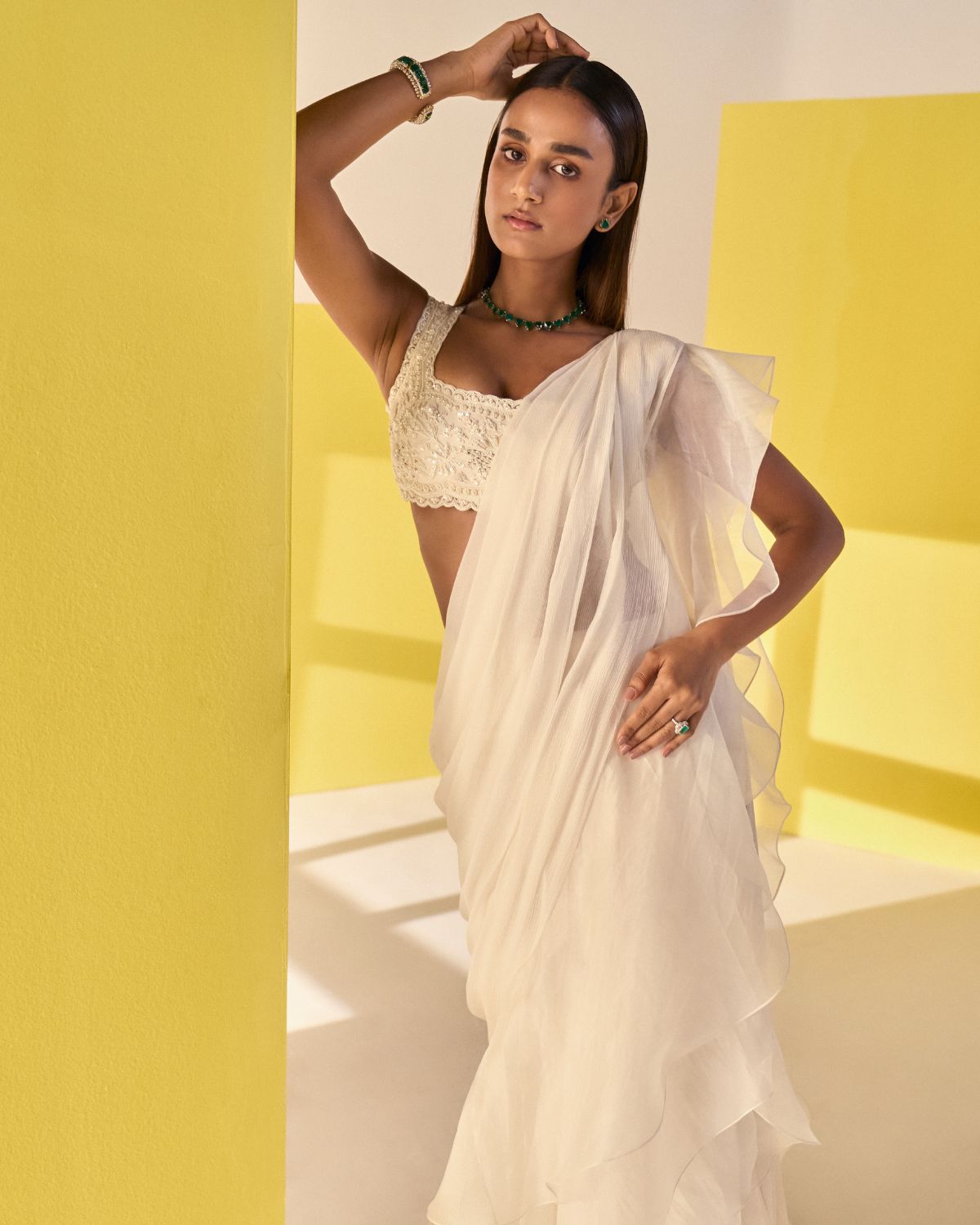 Ivory Tulle Pre Draped Sari Set | Ridhi Mehra