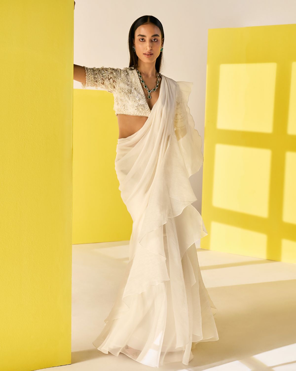 Ivory Organza Pre Draped Sari Set by Ridhi Mehra