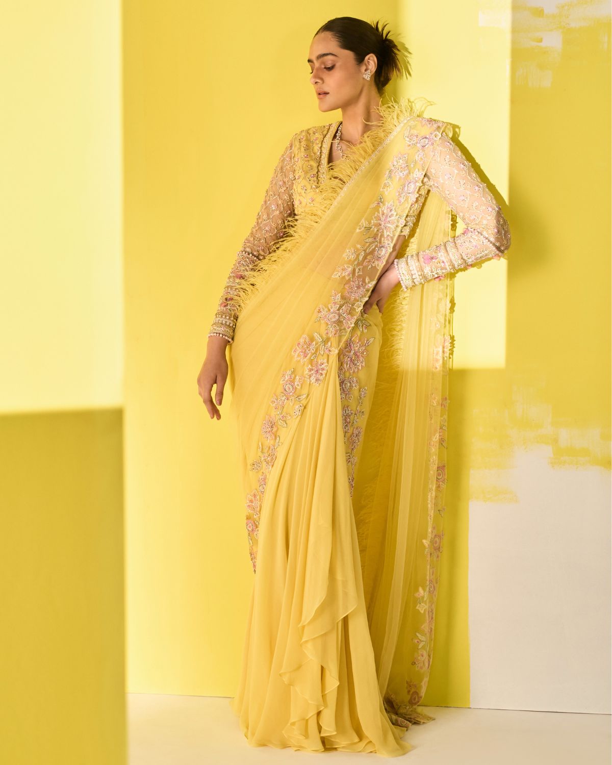 Yellow Chiffon Pre Draped Sari Set by Ridhi Mehra