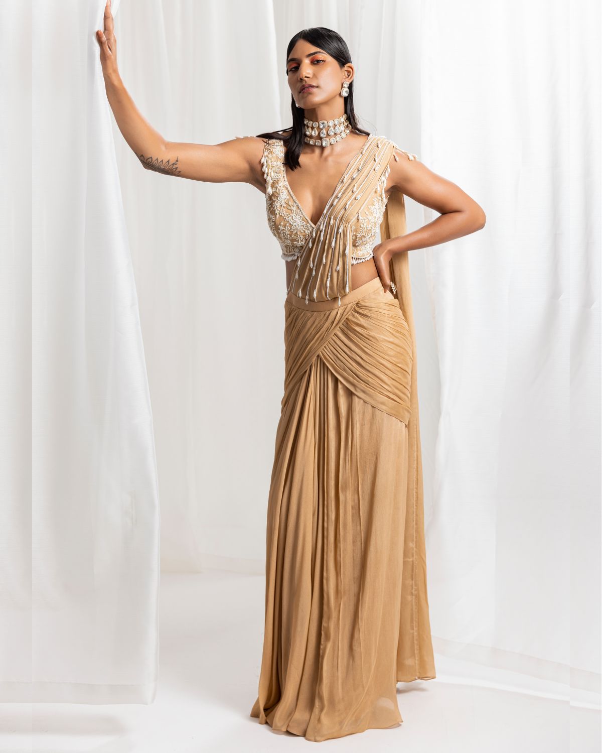 Dune Gold Pre-Stitched Sari Set by Seema Thukral