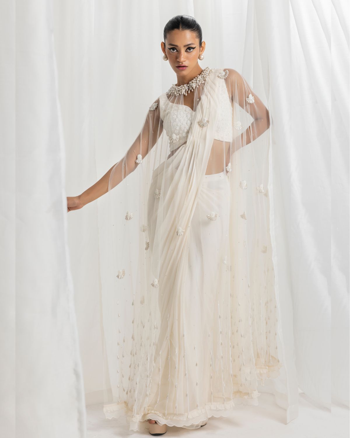Ivory Georgette Pre-Stitched Cape Sari Set | Seema Thukral