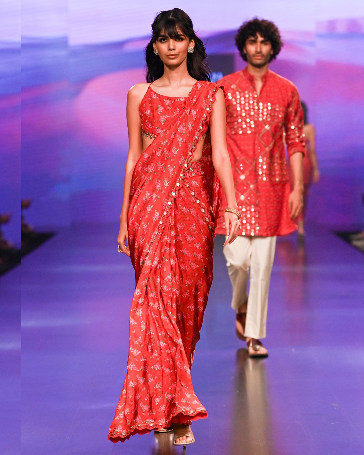 Red Satin Silk Printed & Embroidered Pre-Draped Sari Set by Punit Balana