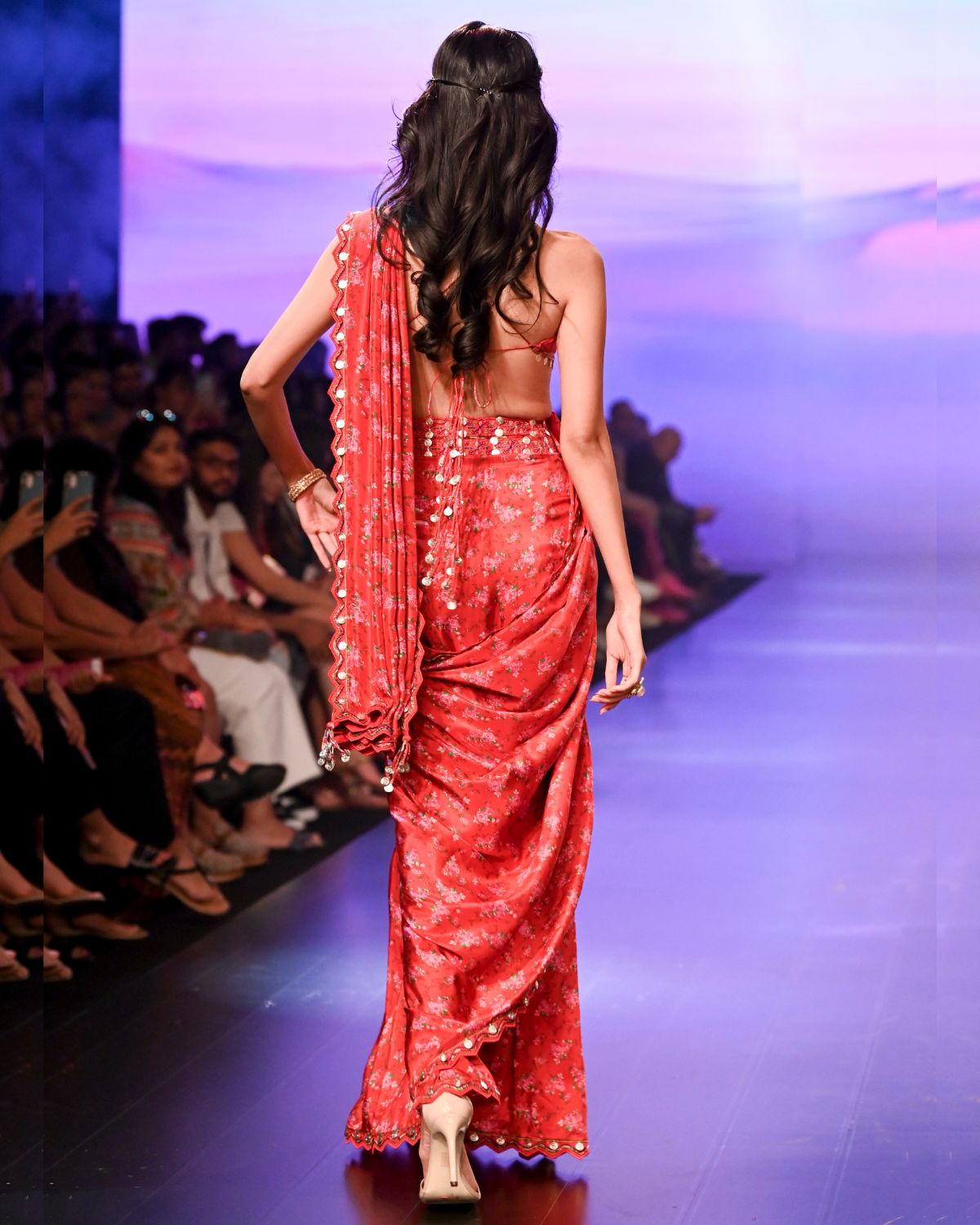 Red Satin Silk Printed & Embroidered Pre-Draped Sari Set