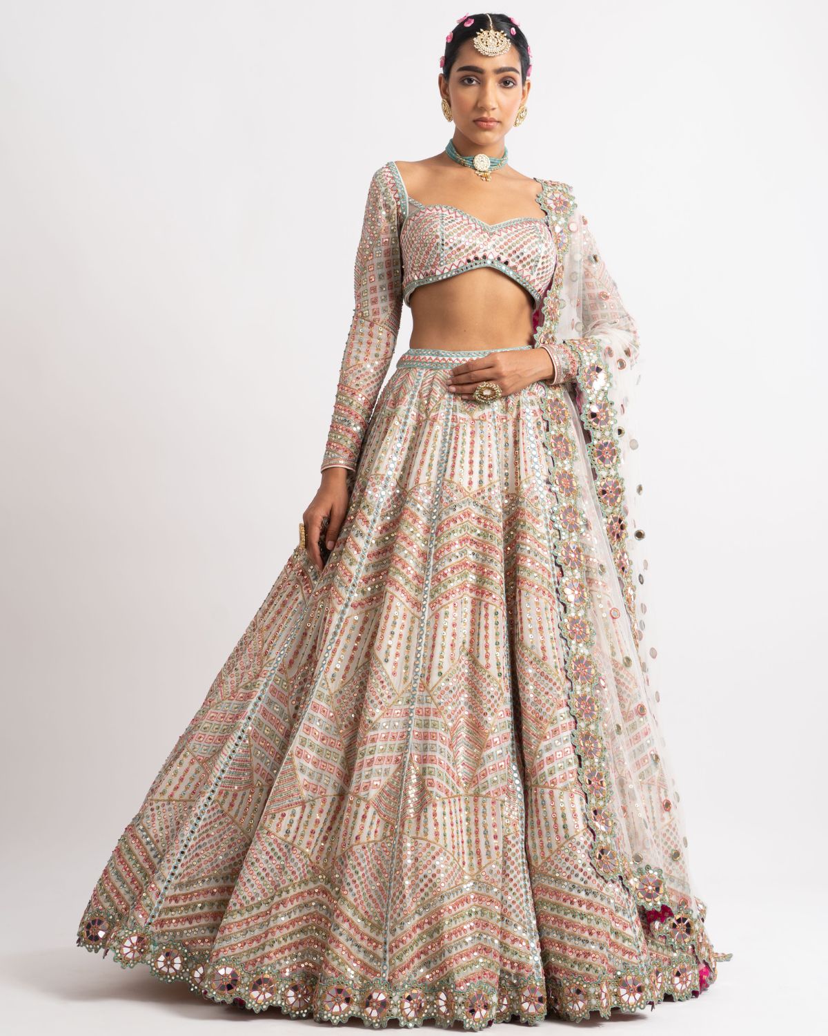 White Heavy Multi Geo Color Lehenga Set