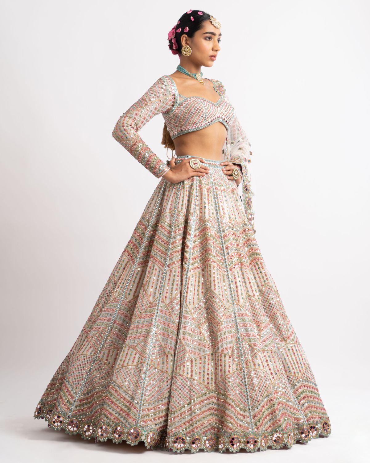 White Heavy Multi Geo Color Lehenga Set