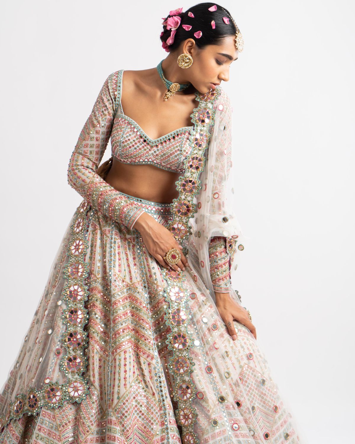 White Heavy Multi Geo Color Lehenga Set