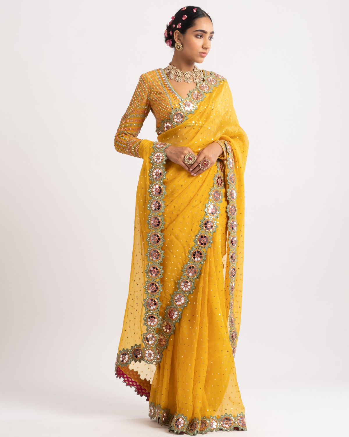 Yellow Hand Cut Mirror Border Sari Set
