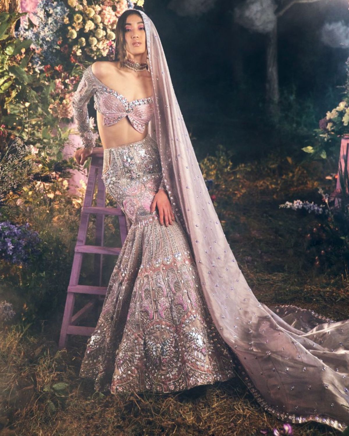 Lilac Silk Embroidered Lehenga Set by Papa Don't Preach