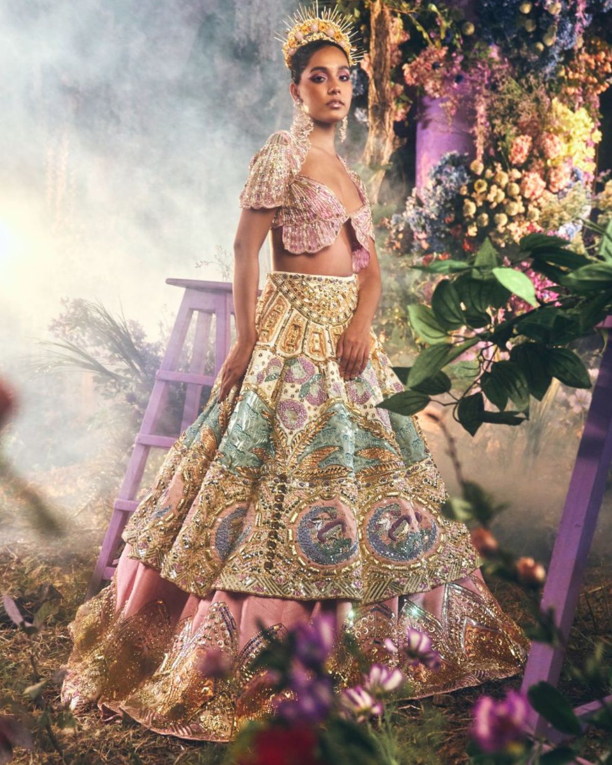 Ivory And Pink Layered Lehenga Set by Papa Don't Preach
