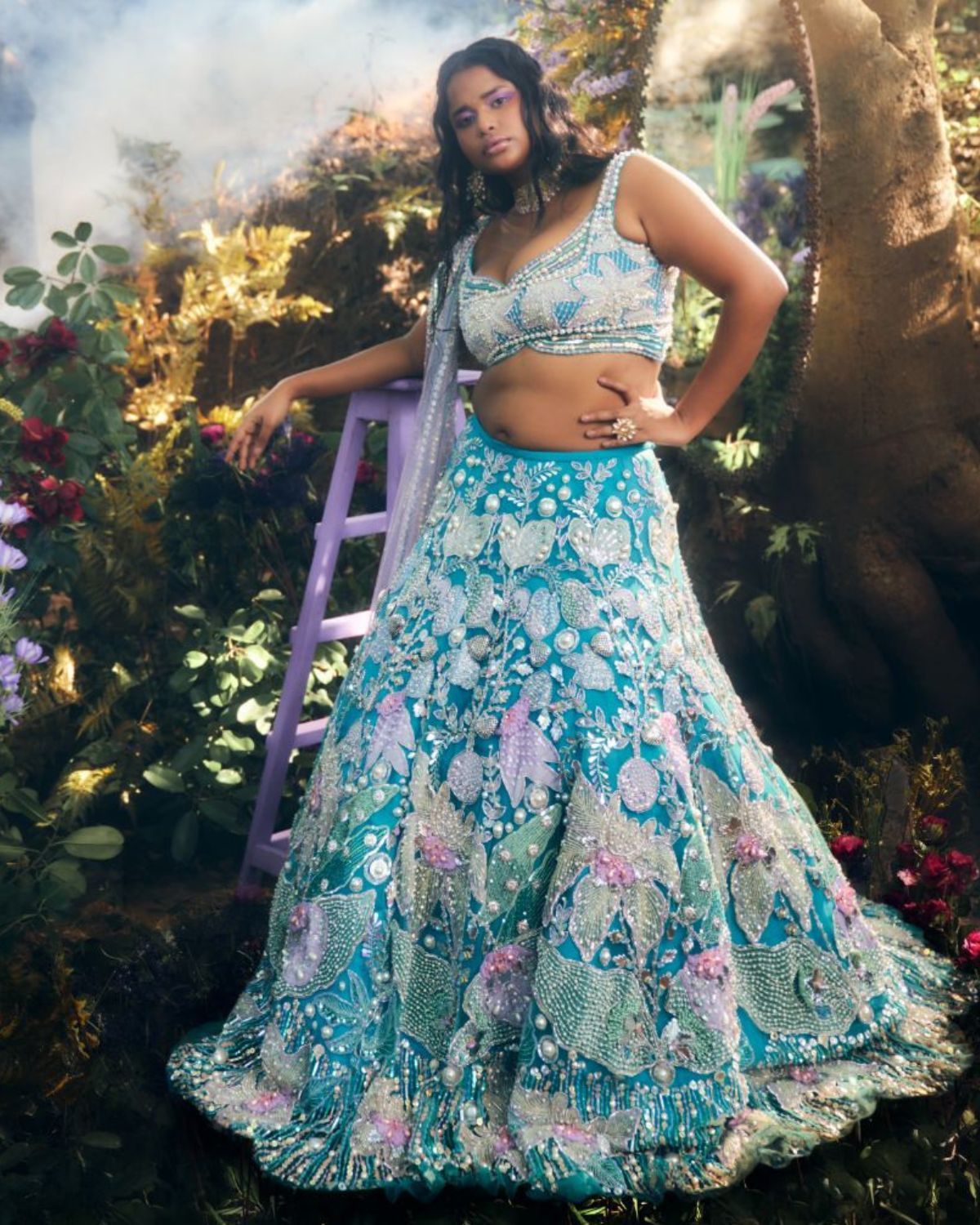 Cerulean Blue Tulle Embroidered Lehenga Set by Papa Don't Preach