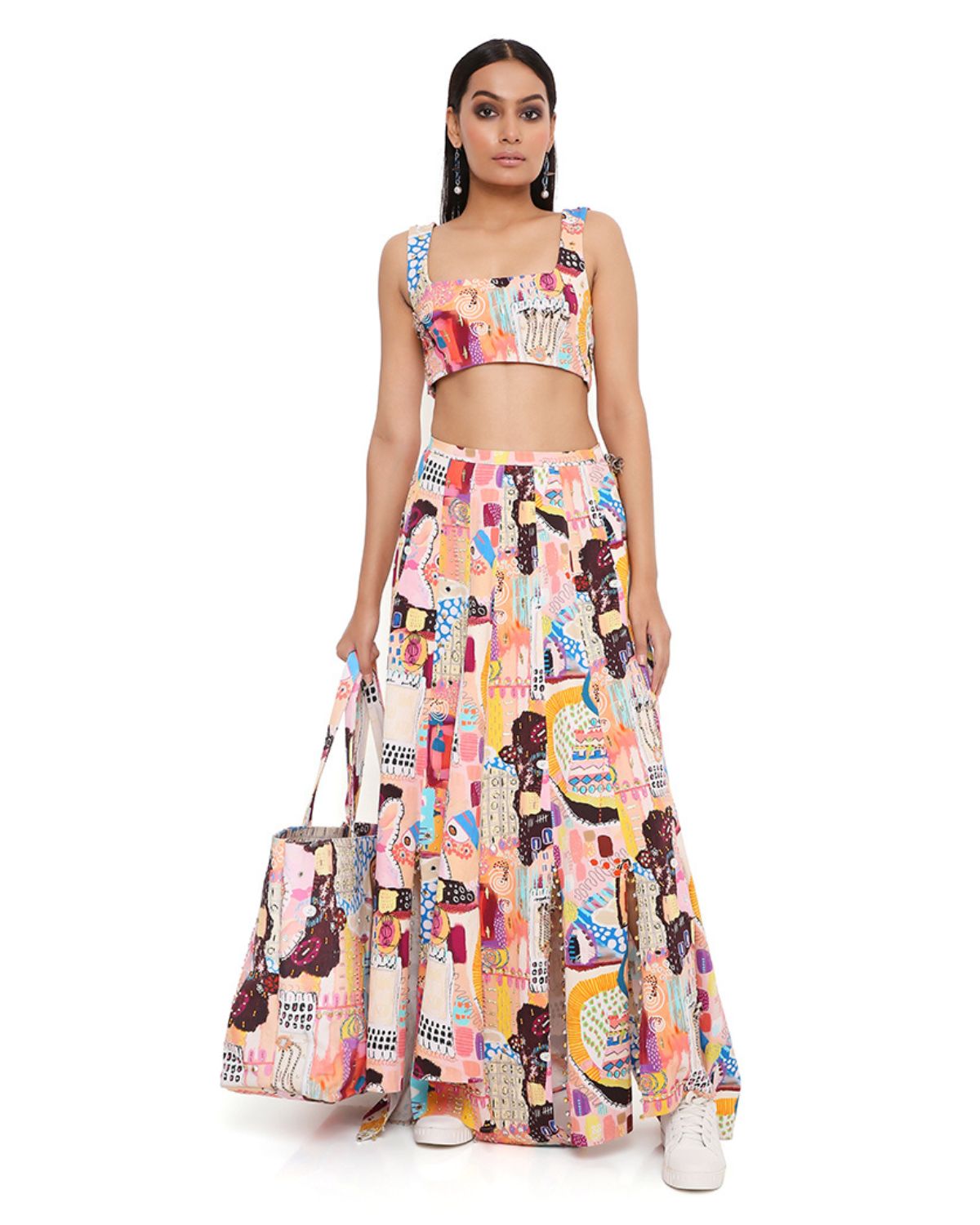 Peach Printed Top And Skirt by Payal Singhal