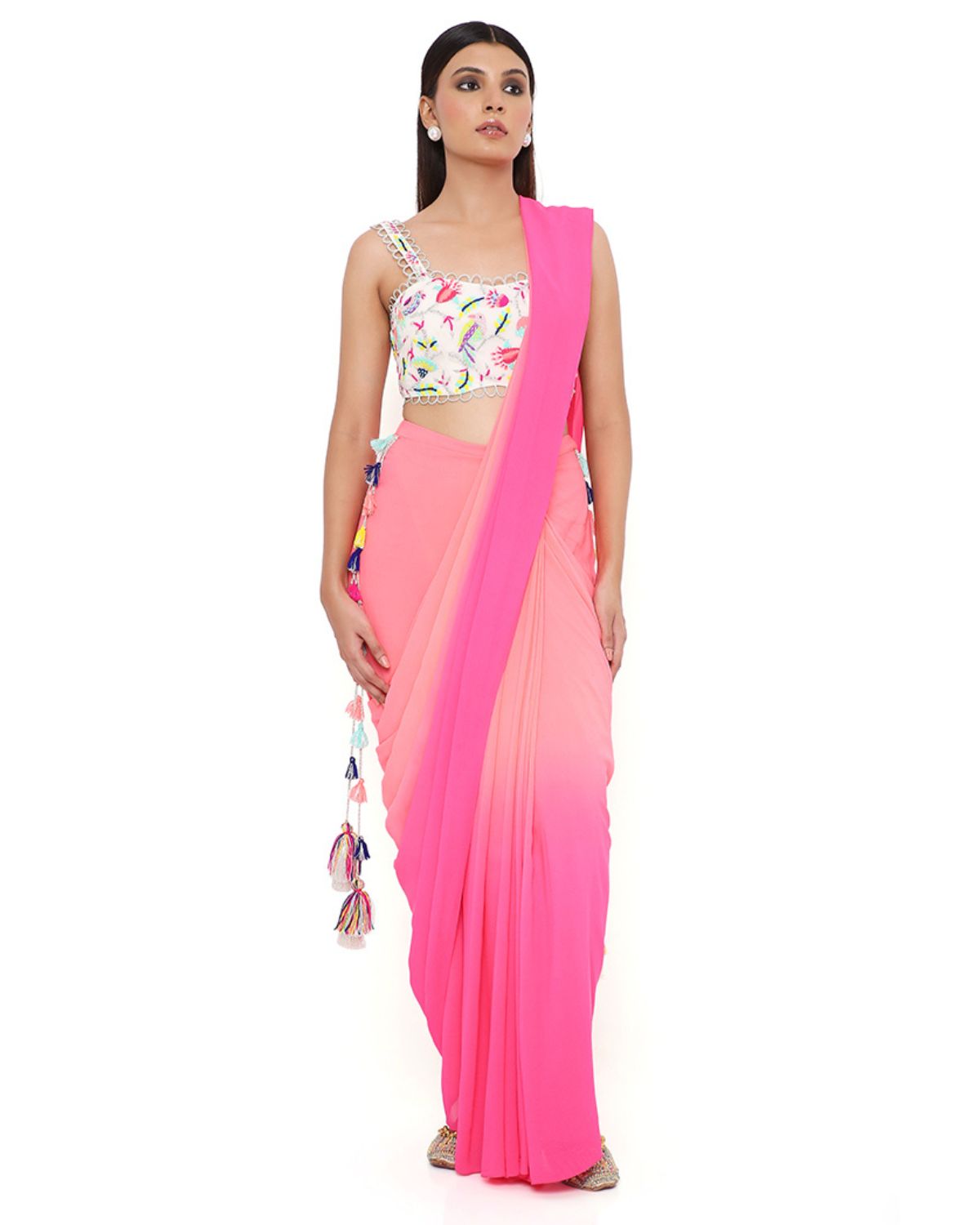 Coral & Pink Shaded Georgette Sari Set by Payal Singhal