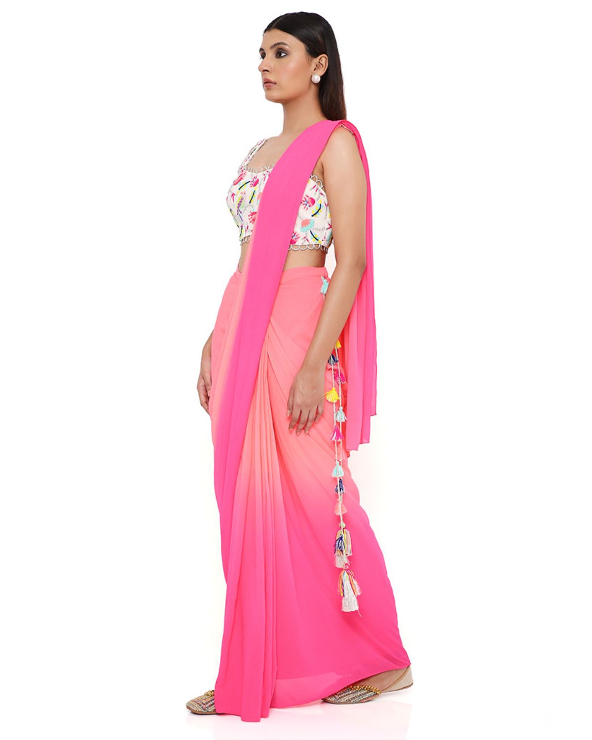 Coral & Pink Shaded Sari Set