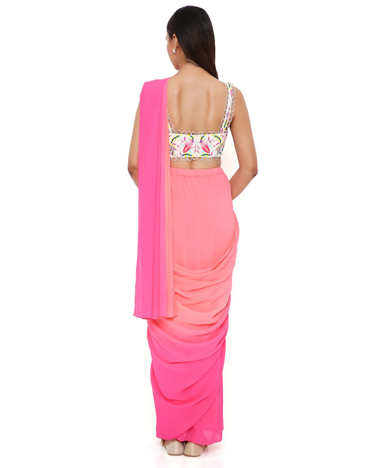 Coral & Pink Shaded Sari Set