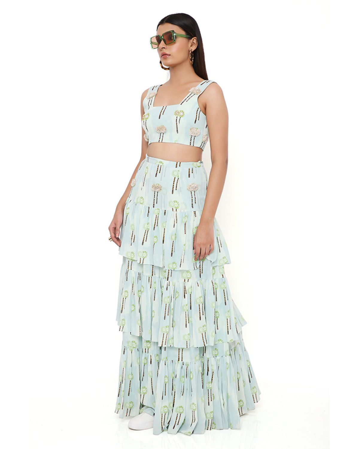 Pale Blue Palm Print Skirt Set