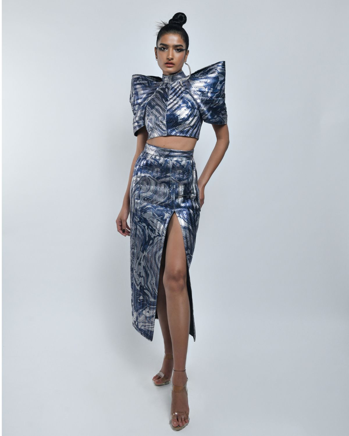 Blue Marble Top And Skirt Set by Amit Aggarwal