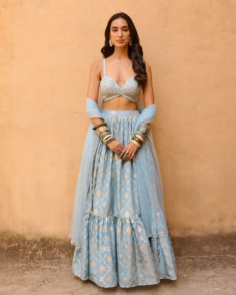 Baby Blue Lace and Flower Bralette Lehenga