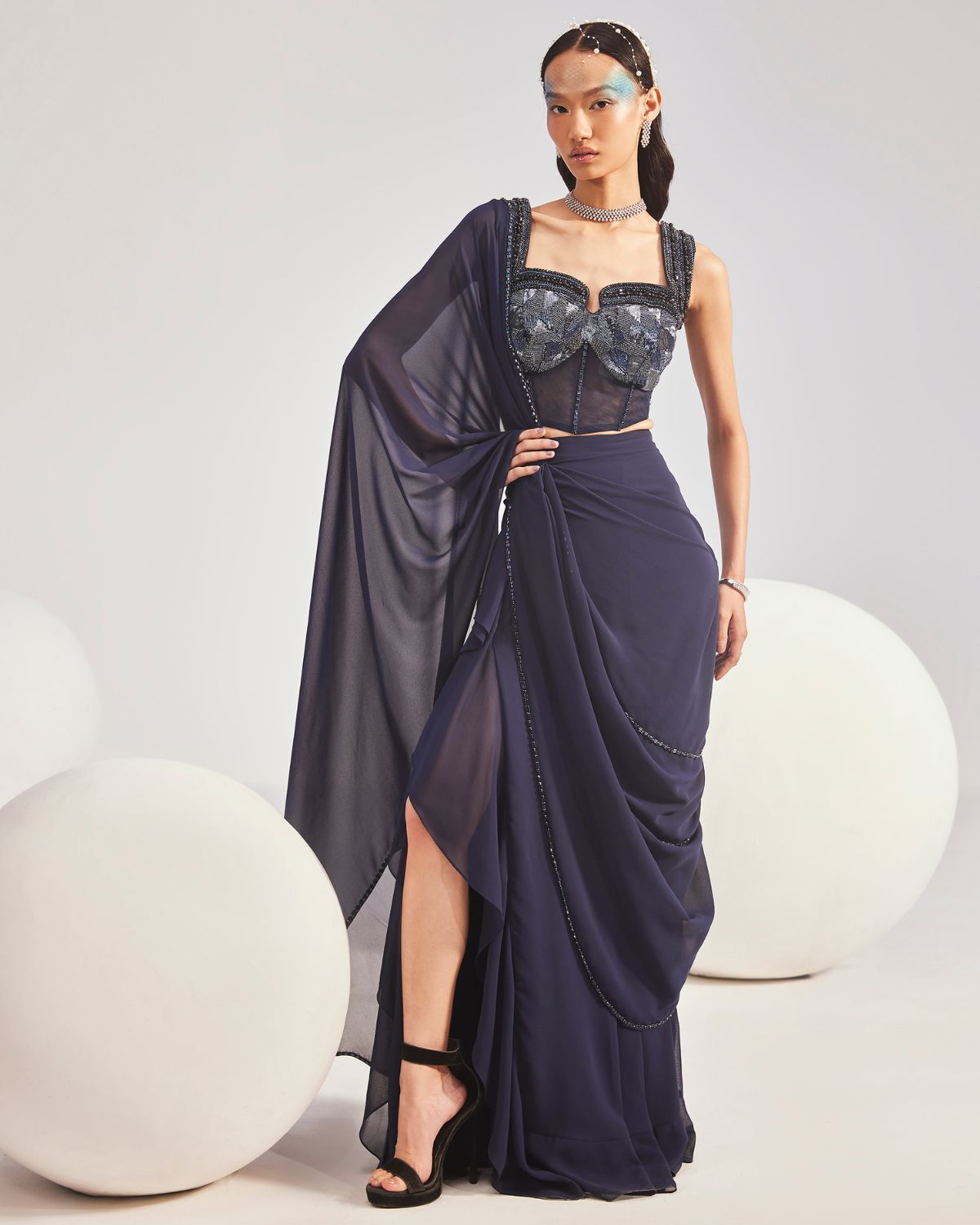 Navy Georgette Pre-Draped Concept Sari Set by Divya Aggarwal