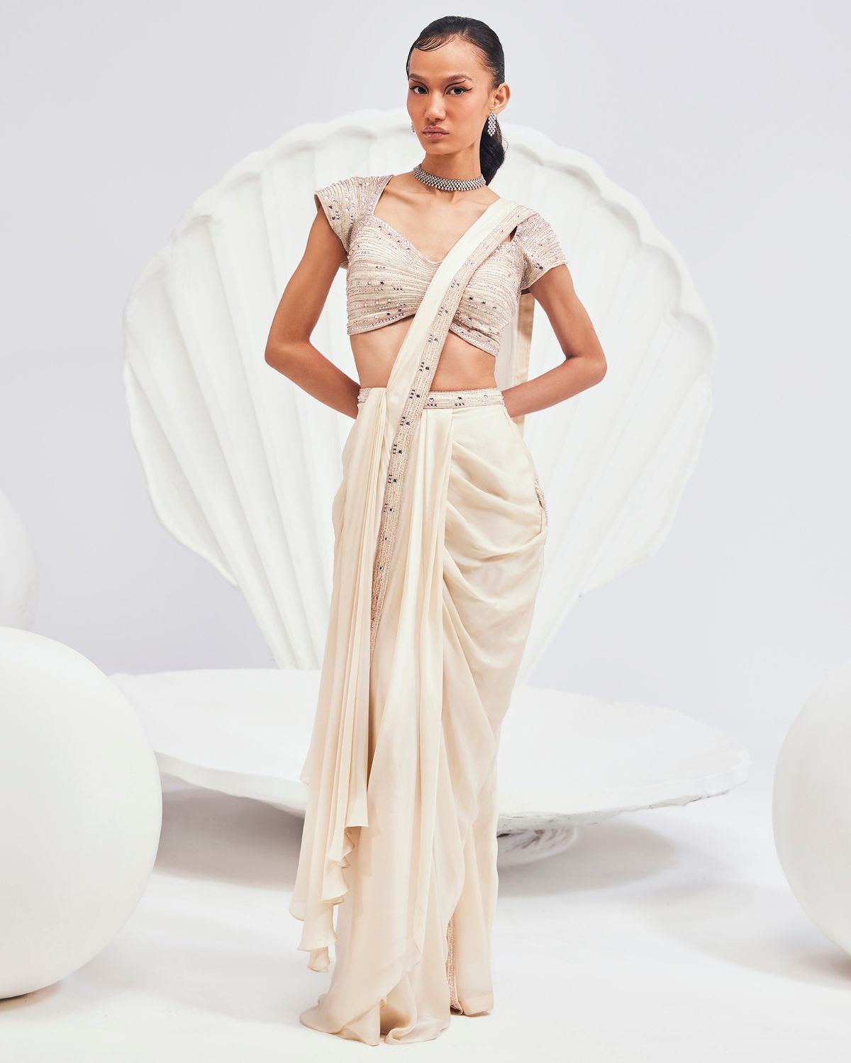 Ivory Chiffon Satin Embellished Pre-Draped Concept Sari Set | Divya Aggarwal