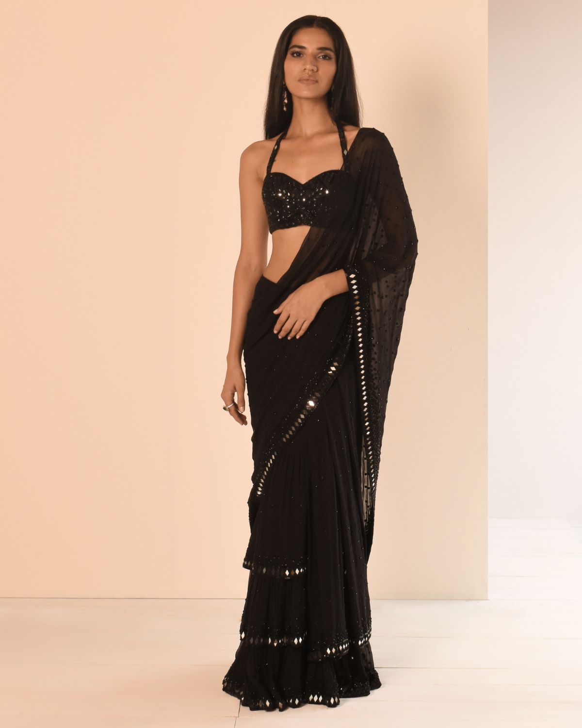  Black Hand Embroidered Tiered Sari Set | Arpita Mehta