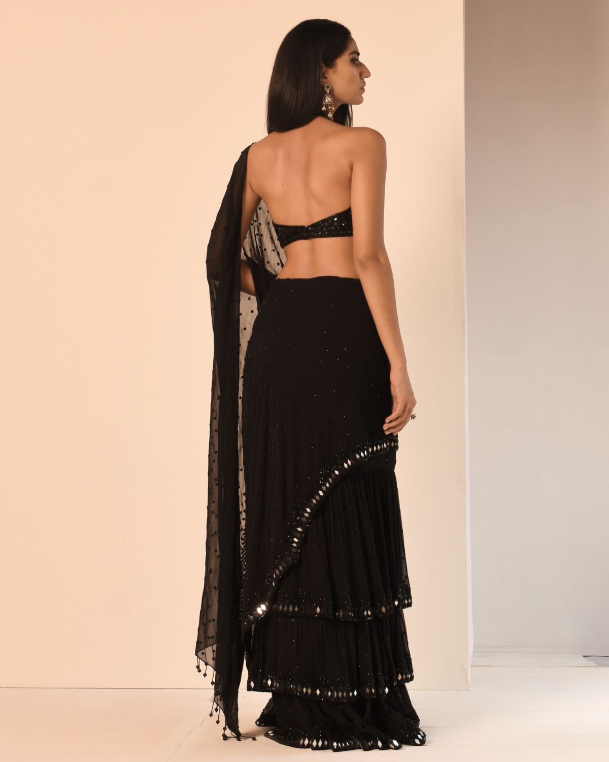 Black Embroidered Tiered Sari Set